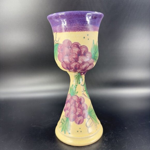 Studio Art Pottery Hand Made Goblets Drinking Wine Glasses Signed Purple Grapes - Picture 16 of 16